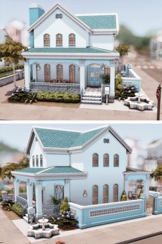 two different views of a blue house from the same perspective, one in front and back