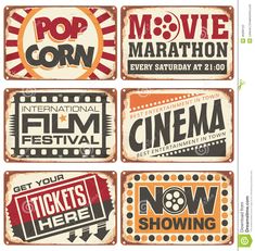 four different vintage movie tickets with the words'movieshow ','pop corn'and'marathon '