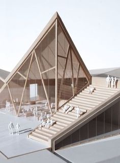 an artist's rendering of a pyramid shaped building with people walking on the ground