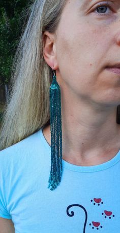 Turquoise extra long beaded earrings. Fringe earrings. Shoulder duster. Turquoise Fringe Tassel Drop Earrings, Turquoise Beaded Fringe Tassel Earrings For Festival, Turquoise Beaded Fringe Dangle Tassel Earrings, Elegant Turquoise Tassel Earrings With Fringe, Elegant Turquoise Tassel Fringe Earrings, Elegant Turquoise Earrings With Fringe, Elegant Turquoise Beaded Earrings With Fringe, Long Drop Fringe Jewelry For Festivals, Long Beaded Earrings