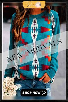 Vintage Ethnic Printed Long Sleeve Top Multicolor Geometric Pattern Top For Fall, Fall Multicolor Geometric Pattern Top, Bohemian Printed Tops For Winter, Bohemian Printed Winter Tops, Bohemian Patterned Tops For Winter, Bohemian Winter Tops With Graphic Print, Green Bohemian Winter Tops, Ethnic Print, Ladies Tops Fashion