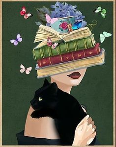 a painting of a woman holding a black cat with books on top of her head