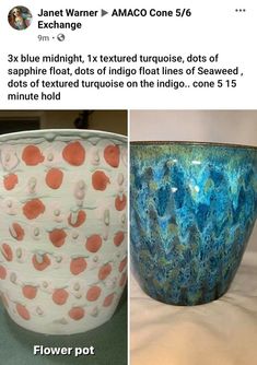 three different types of vases are shown on the same page, and one is blue with orange dots