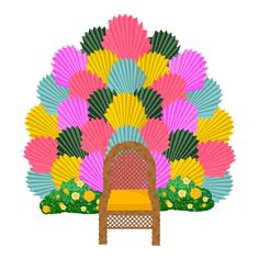 a chair sitting in front of a large colorful flower garden with fan like decorations on it