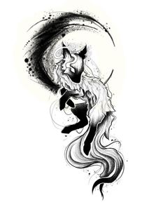 a black and white drawing of a fox with long hair, sitting on top of a crescent