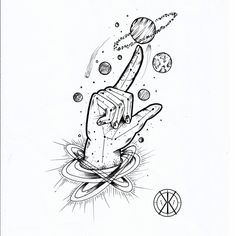 a black and white drawing of a hand reaching for planets