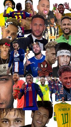 the collage shows many different soccer players and their faces, including one man wearing a jersey