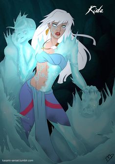 a woman with white hair standing in front of an ice - covered background and holding her arms out