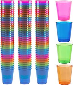 six different colored plastic cups stacked on top of each other