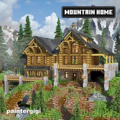 an image of a mountain home with trees and mountains in the background for minecraft