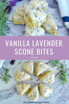 the recipe for vanilla lavender scone bites is shown on a marble surface with rosemary sprigs