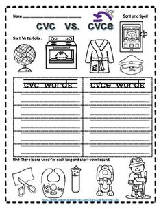 the cvc vs cvce worksheet is shown in black and white, with pictures