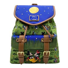 PREORDER NOW The newest addition to the Mickey Camping collection! On the front of the bag, Mickey and Minnie sit by a campfire in a forest of trees. On the top flap of the main compartment, a full moon and stars glow in the night sky. Mickey's beloved friends are featured in an all-over-print pattern enjoying the outd Full Moon And Stars, Friends Camping, Camping Rucksack, Camping Scene, Disney Loungefly, Loungefly Bag, Disney Bag, Loungefly Disney, Mickey And Minnie