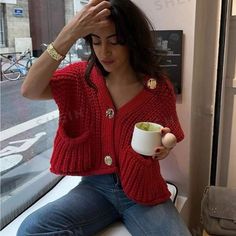 Super Cute And Stylish Ships In 5-10 Business Days Vest Style Women, Chaleco Casual, Knit Wear, Cardigan Casual, Red Cardigan, Red Sweater, Knit Sleeve, Cardigan Vest, Sleeveless Sweater