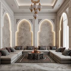 an elegant living room with white walls and grey couches, chandelier and large windows