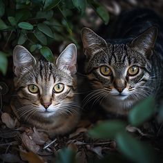 two cats sitting next to each other on the ground in front of some leaves and plants