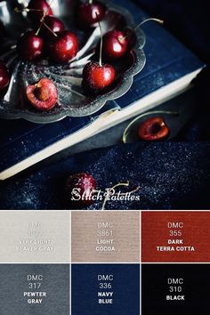 the color palette is dark blue, red, and white with some cherries on top