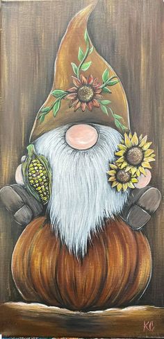 an acrylic painting of a gnome with sunflowers