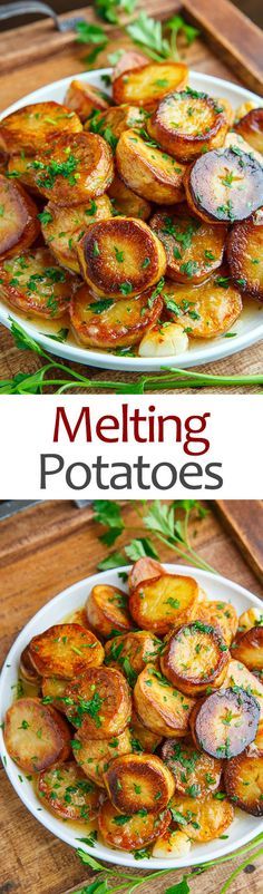 two plates filled with potatoes on top of a wooden table