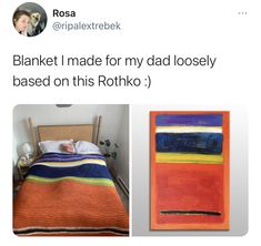 an image of a bed with blankets on it and the caption reads, blanket i made for my dad loosely based on this rotko