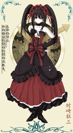 an anime character with black hair and red dress