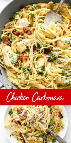 chicken carbonara in a skillet with pasta and parmesan cheese