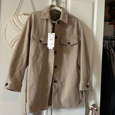 Brand New With Tags!! Just Didn’t Work Out For Me **Comes With Free Gift And Smoke Free Home** Neutral Long Sleeve Outerwear With Button Closure, Beige Winter Shacket For Workwear, Winter Workwear Beige Shacket, Beige Shacket For Workwear In Winter, Neutral Button-up Outerwear For Fall, Chic Beige Winter Shacket, Casual Zara Pea Coat, Zara Neutral Outerwear For Fall, Casual Beige Collared Pea Coat