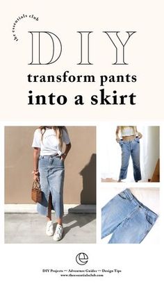 a woman in white shirt and jeans with the words diy transform pants into a skirt