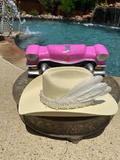 The Mrs. - Gorgeous, Custom Straw Hat- Cowboy Style with beautiful pearl hat band with white feathers.  Size - Smal/Medium Pearl Hat Band, Pearl Hat, Alabama Roll Tide, Chapeau Cowboy, Cowboy Style, White Feathers, Beautiful Hats, Hat Band, Straw Hat