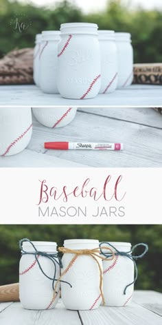 mason jars with baseball string on them and the words baseball mason jars written in red