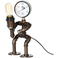 a steam punk lamp with a clock on it's side and a light bulb attached to the end