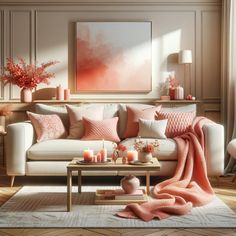 a living room filled with lots of furniture and pink pillows on top of a white couch