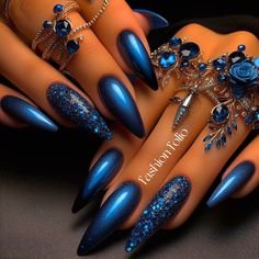 Long Almond Shaped Nails Designs, Blue Nails New Years, Dark Birthday Nails, Blue Silver Nail Designs, Matte Royal Blue Nails, Deep Blue Nails Designs, Dark Blue And Silver Nails, Elegant Stiletto Nails, Cats Eye Nails Design