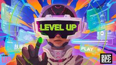 a man wearing headphones and glasses with the words level up written on his face