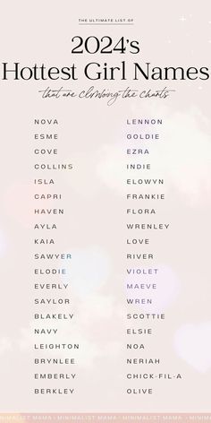 a poster with the names and dates for hotels girl names in white letters on a pink background