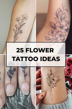 25 different flower tattoo designs on various parts of the body, including arm, wrist, and fingers. Blooming Flower Tattoo, Small Floral Tattoo, Daisy Chain Tattoo, Jasmine Tattoo, Delicate Flower Tattoo, Floral Mandala Tattoo, Romantic Tattoo, Flower Tattoo Ideas, Hibiscus Tattoo