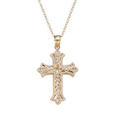 "Grace yourself with this ornate cross necklace. Decorated with a filigree cross, this 14k gold two-tone necklace is a beautiful way to display your beliefs. Comes in a gift box.PENDANT DETAILS Pendant length: 1.37 in. Chain length: 18 in. Clasp: spring-ring Metal: 14k gold, white rhodium-plated 14k gold Features: 14k gold-filled chain Size: 18"". Gender: female. Age Group: adult." Gold A Necklace, Ornate Gold Cross Pendant Necklace, Ornate Cross Necklace With Intricate Design, Gold Filigree Cross Pendant Necklace, Gold Cross Necklace With Filigree, Gold Filigree Cross Necklace, Yellow Gold Filigree Cross Pendant Necklace, Filigree Crucifix Necklace For Gift, Crucifix Filigree Necklace For Gift