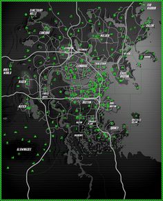 a map with green dots on it that shows the locations of different areas in the city