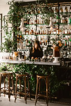 a woman sitting at a bar with lots of bottles on the wall and plants growing all around