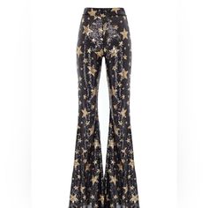 Sequin Star Print Side Zip 97% Polyester, 3% Spandex Black Wide Leg Pants With Star Print, Black Star Print Bottoms For Night Out, Eras Fits, Sequin Wide Leg Pants, Sparkly Pants, Star Pants, Lulu Pants, Star Clothing, Wide Leg Crop Pants