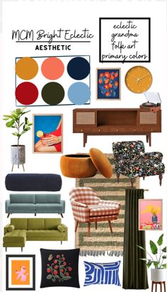 a collage of furniture and decor items with the words mom's bright eclectic aesthetic