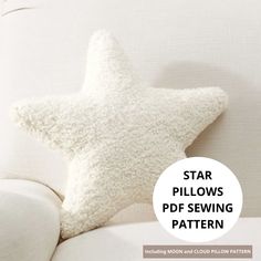 a white star pillow sitting on top of a couch next to a white pillow with the words, star pillows sewing pattern