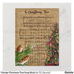 an old sheet music with christmas tree and pine cones