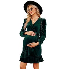 The velvet maternity dress features puff sleeve, ruffle hem, solid color, high waist, flowy swing, making the maternity fall dress elegant and flattering. Dark Green Maternity Dress, Fall Maternity Dress, Velvet Maternity Dress, Baby Shower Photoshoot, Green Maternity Dresses, Shower Photoshoot, Ribbed Bodycon Midi Dress, Sheer Maxi Dress, Fall Maternity