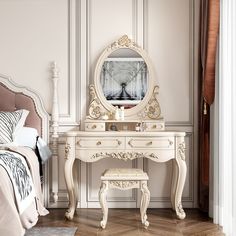 a white dressing table with a mirror and stool next to it on top of a hard wood floor