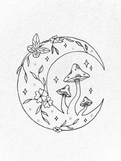 a black and white drawing of two mushrooms on the moon with butterflies flying around it