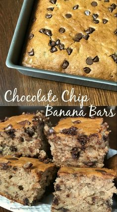 chocolate chip banana bars cut into squares and stacked on top of each other with text overlay