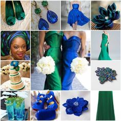 blue and green wedding theme with white flowers, brooches, dress, shoes