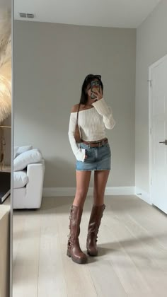 off shoulder sweater denim skirt brown moto boots fall outfit Off Shoulder Sweaters Outfit, Fall Outfits 2024 Boots, Cute Brown Fall Outfits, Fall Outfits With Denim Skirt, Casual Cute Going Out Outfits, Autum 2024 Outfits, Fall Skirt Outfits Casual, Outfit Inspo With Boots, Brown Fall Boots Outfits