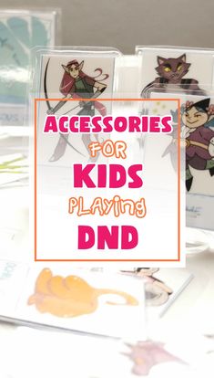 there are some cards with the words accessories for kids playing dnd on them